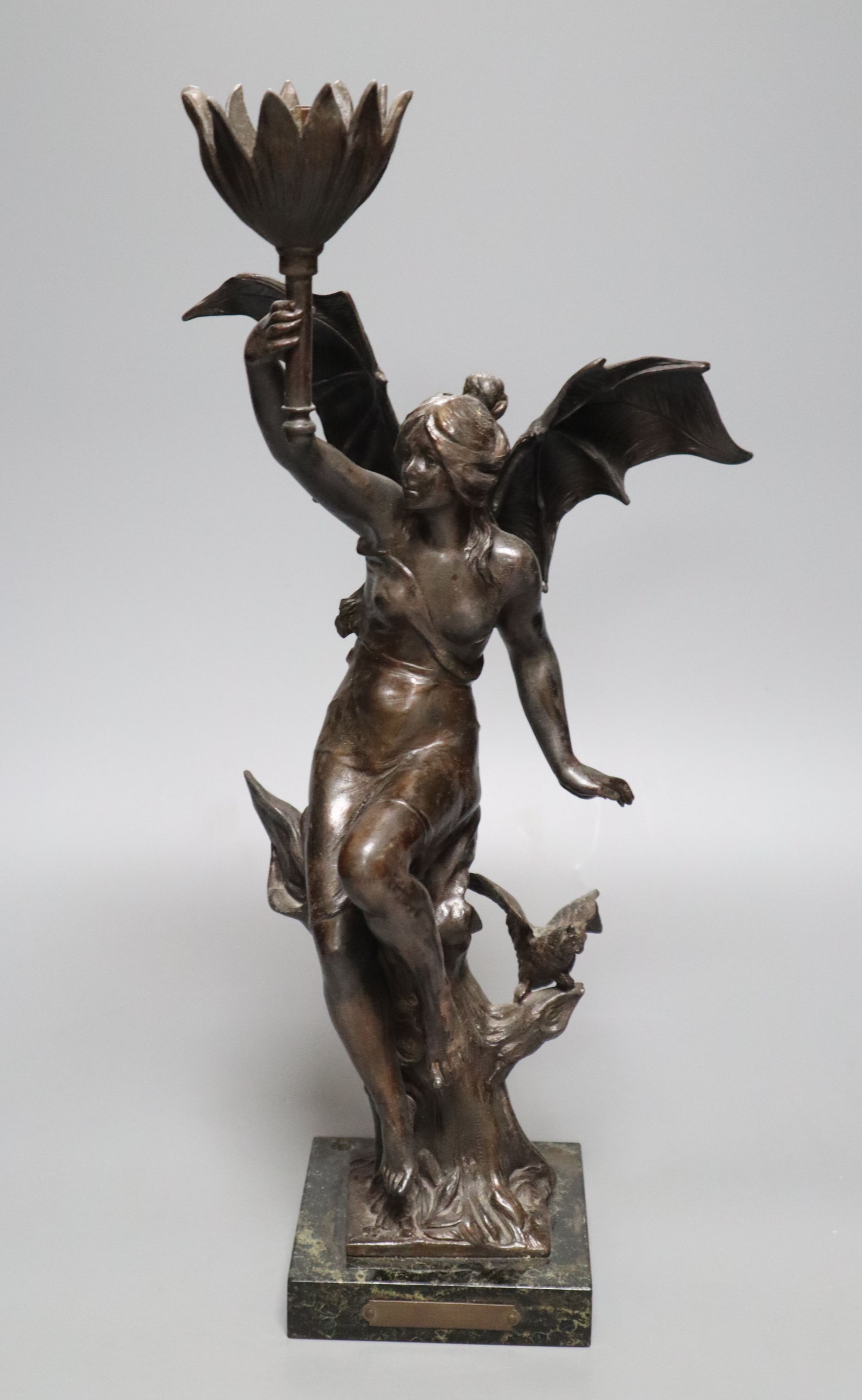 A 20th century spelter figural lamp of Night, height 43cm